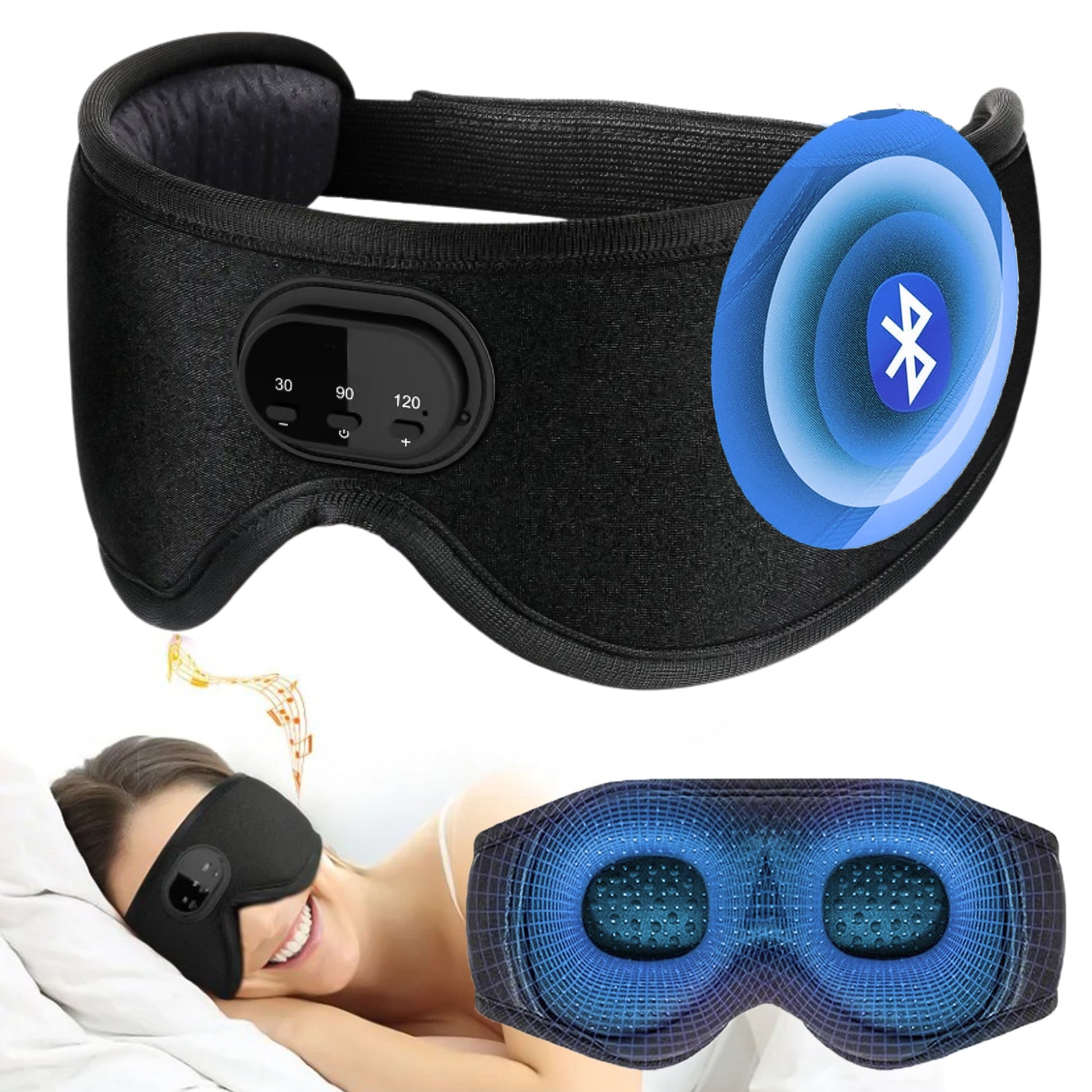 The image shows a woman wearing the Aloha Relax Stress-Sleep-Pain Relief Bundle, a black Bluetooth sleep mask with control buttons. A digital cutaway of its cushioned interior highlights the mask’s comfort for stress relief and better sleep.