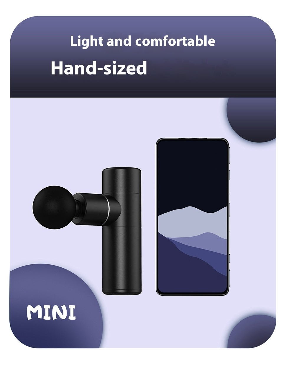 A black Aloha Relax aluminum alloy mini massage gun, featuring a brushless motor, is displayed beside a smartphone on a blue background. Text at the top says "Light and comfortable" and "Hand-sized." The word "MINI" appears at the bottom left with decorative blue circles enhancing the scene.