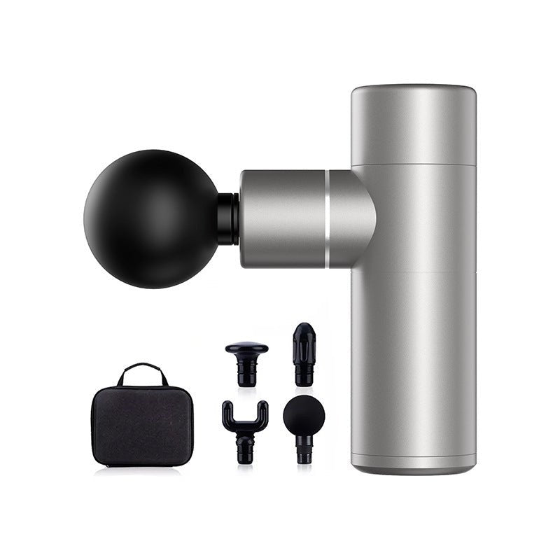 The Aloha Relax deep muscle relief device is a silver aluminum alloy mini massage gun with a black handle, four interchangeable heads, and a carrying case. Designed to relieve tension and enhance circulation, it operates quietly for portable pain relief.