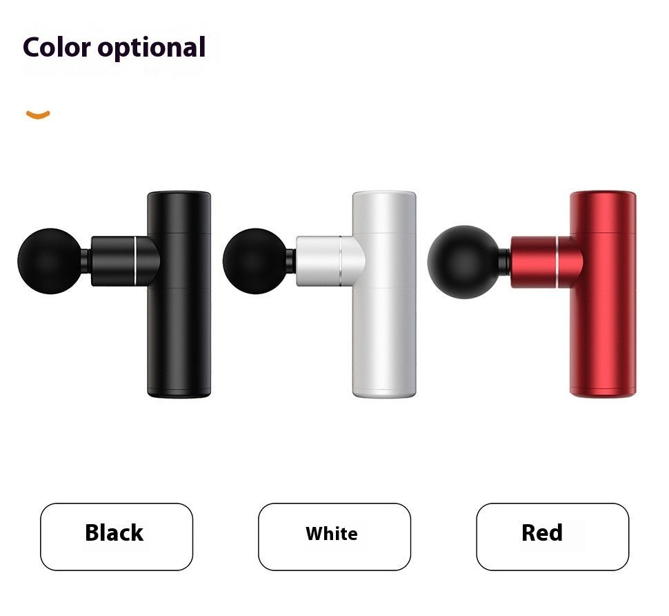 Aloha Relax showcases three aluminum alloy mini massage guns in black, white, and red. With a portable design, cylindrical handle, round massage head, and brushless motor for quiet operation, they're labeled Black, White, and Red under "Color optional." Perfect for deep muscle relief in 30 seconds.