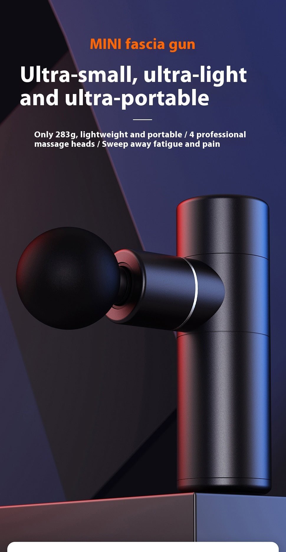Against a dark gradient backdrop, the Aloha Relax Aluminum Alloy Mini Massage Gun is showcased, highlighting its portability with an ultra-light 283g design. Featuring a brushless motor and four professional massage heads, this device offers deep muscle relief in 30 seconds for reducing fatigue and pain.