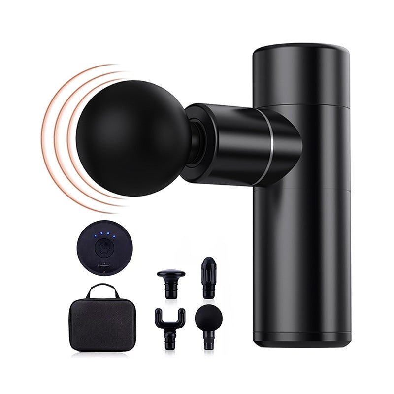The "Deep Muscle Relief in 30 Seconds" by Aloha Relax is a black aluminum alloy mini massage gun with a brushless motor for silent operation. It includes four attachments, a carrying case, speed/battery indicators, and curved lines near the head to suggest activation.