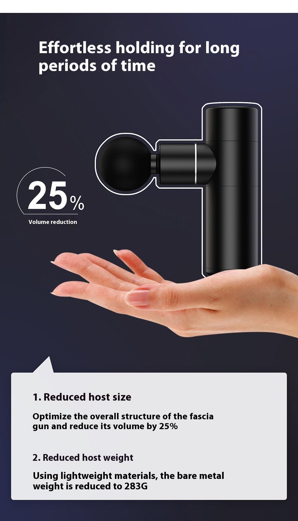 A hand holds an Aloha Relax Mini Massage Gun beneath a black device with a round attachment. The aluminum alloy gun features a low-noise mute brushless motor, optimizing structure for 25% volume reduction. At just 283g bare metal, it's mini portable—a black circle shows the 25% reduction.