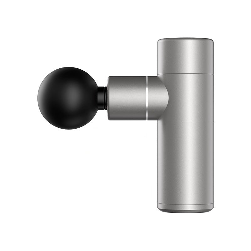 The Aloha Relax aluminum alloy mini massage gun, designed for deep muscle relief, features a brushless motor that delivers quiet operation. Its sleek cylindrical design with a spherical black attachment ensures relaxation and portable pain relief in just 30 seconds wherever you go.