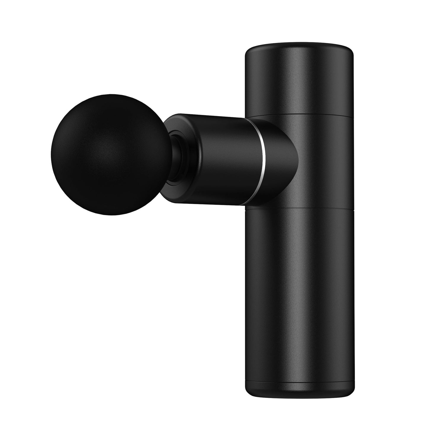 A black Aloha Relax Deep Muscle Relief Aluminum Alloy Mini Massage Gun is set against a white background, complete with a round attachment, cylindrical body, and brushless motor. Its modern design ensures low noise for peaceful use.