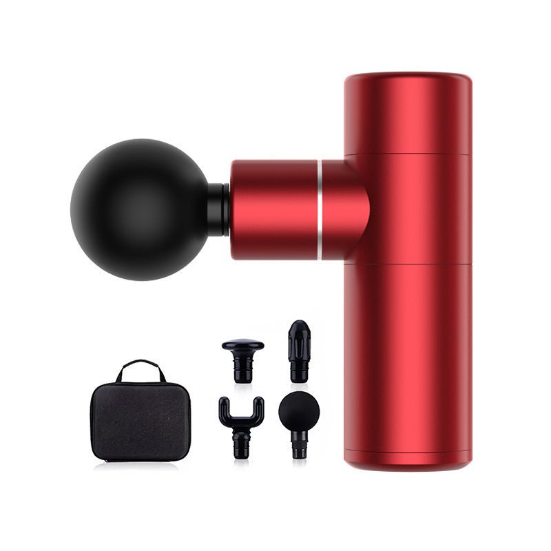 The Aloha Relax Deep Muscle Relief massage gun, with a red handheld design and black cylindrical handle, offers quiet operation via a brushless motor. Compact and portable, it includes four customizable attachments—ball, flat head, fork shape, and bullet—for tailored relief.