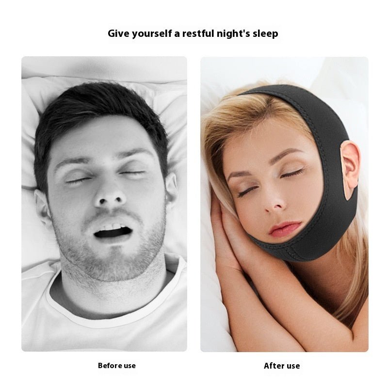 Side-by-side images show a man sleeping with his mouth open labeled "Before use," and a woman with her mouth closed wearing Aloha Relax's Adjustable Chin Strap to Reduce Snoring, labeled "After use." Text above reads, "Enjoy a restful night's sleep with our breathable and comfortable snoring solution.