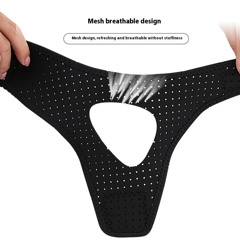 Hands hold the Aloha Relax Adjustable Chin Strap, designed to reduce snoring. Its breathable black mesh with a center hole promotes air circulation, ensuring comfort and ergonomic support for better sleep.