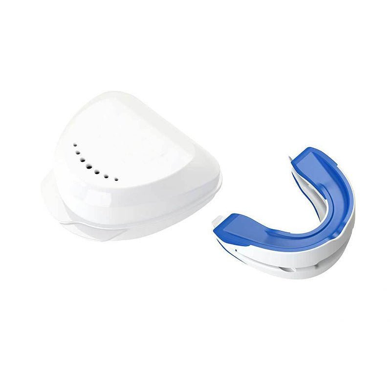 The Aloha Relax Adjustable Snoring Solution Mouthpiece is shown next to its perforated white storage case. This blue and white dental device has a slightly curved, adjustable design for a comfortable, snore-free sleep.