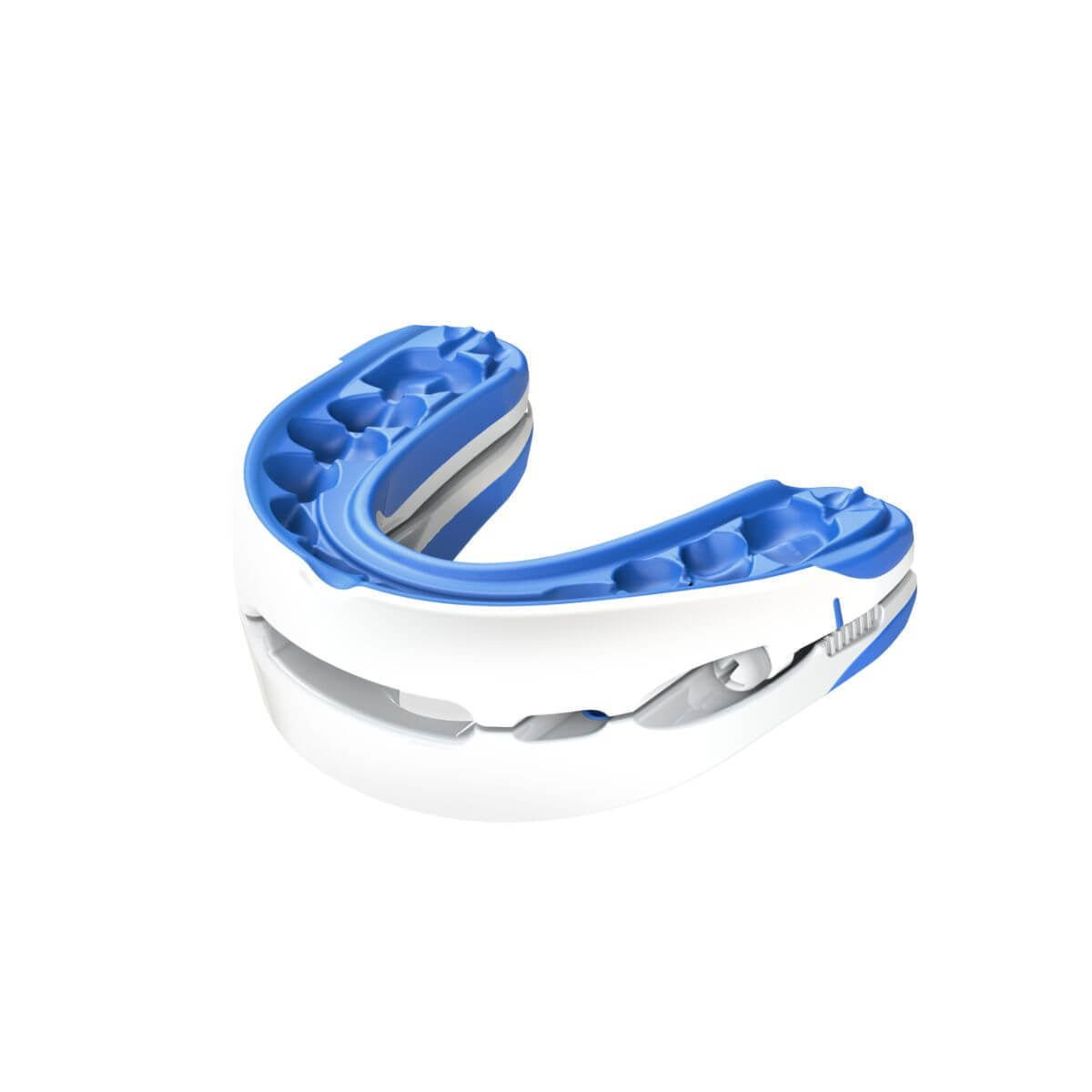 The Aloha Relax Adjustable Snoring Solution Mouthpiece offers a blue and white design for sports protection and snore-free sleep, featuring a textured interior for comfort and shock absorption, a smooth exterior with an airflow indentation, and an adjustable fit.