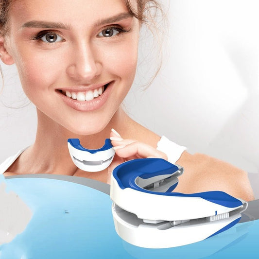 A smiling person holds an Aloha Relax Adjustable Snoring Solution Mouthpiece, known for its customizable design. Another device sits on a reflective surface, promising snore-free sleep against a soothing white and blue gradient backdrop.