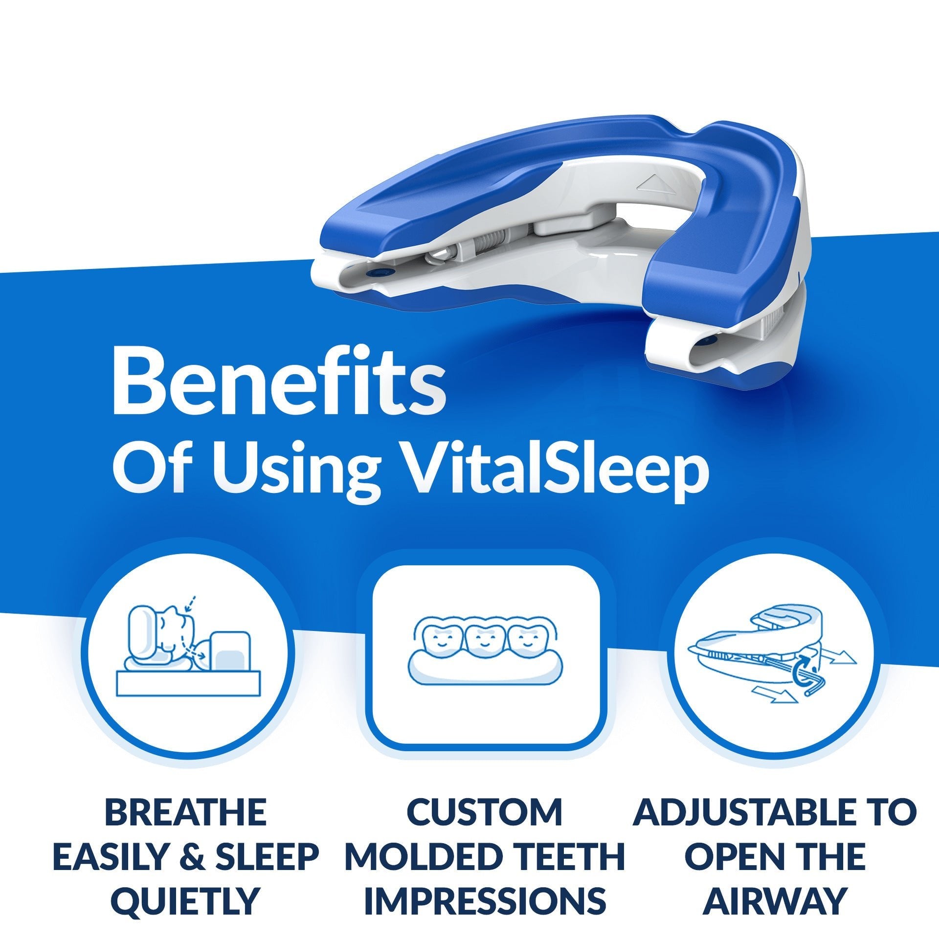 Advertisement for Aloha Relax's Adjustable Snoring Solution Mouthpiece features a blue and white design highlighting benefits: "Breathe Easily & Sleep Quietly," "Custom Molded Teeth Impressions," and an "Adjustable Design to Open the Airway" for a snore-free sleep.