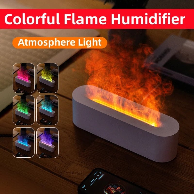Aloha Relax’s Stress-Sleep-Pain Relief Bundle includes a white, oval humidifier with a flame-like glow in pink, green, blue, yellow, or purple. Text: “Colorful Flame Humidifier, Atmosphere Light.”.