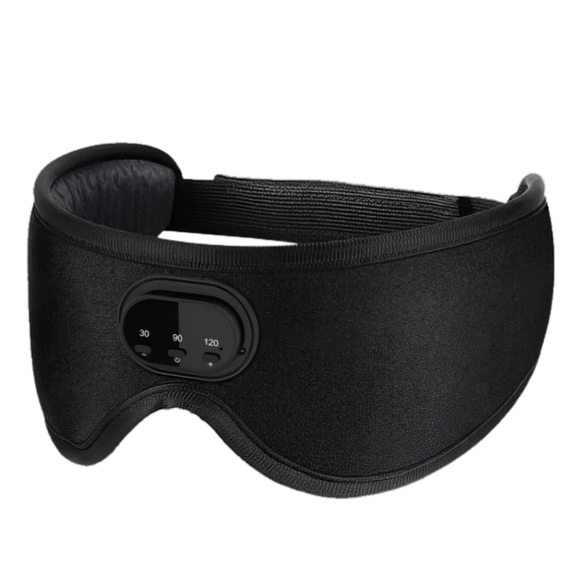 Aloha Relax presents the 3D Bluetooth Sleep Mask, an all-black design for restful sleep in breathable material. It features an adjustable strap and a front control panel with timer buttons labeled "30," "90," and "120" for customizable sleep therapy, blocking 100% light with soothing sound therapy.
