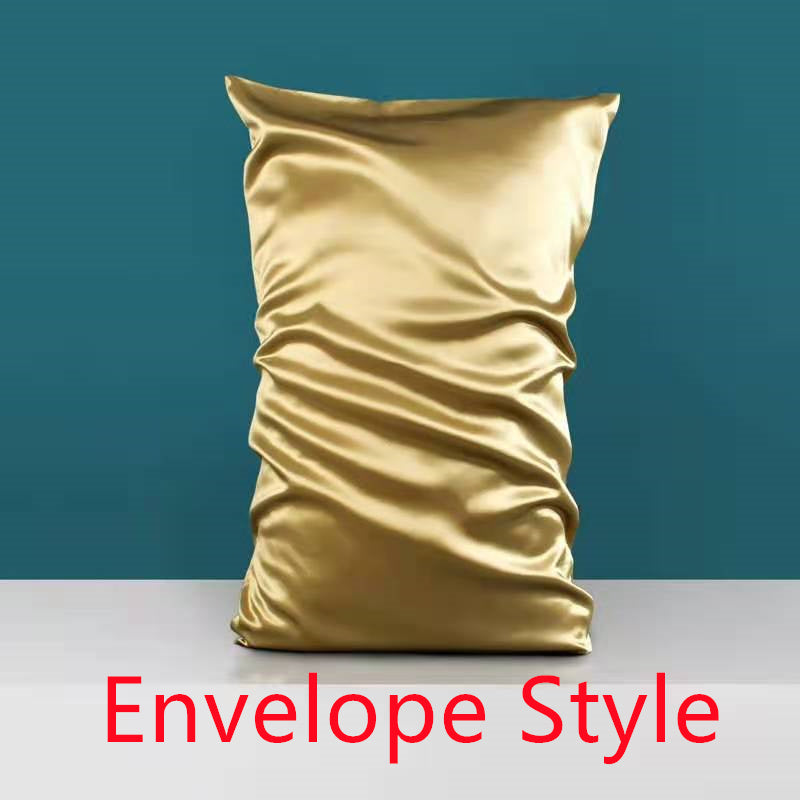 A gold pillow from Aloha Relax, crafted from Double-sided Silk Heavy Sleep Pillowcase Silk, rests against a teal background with visible folds. The phrase "Envelope Style" is elegantly displayed in red at the bottom, adding a hint of Palace Luxury Style.