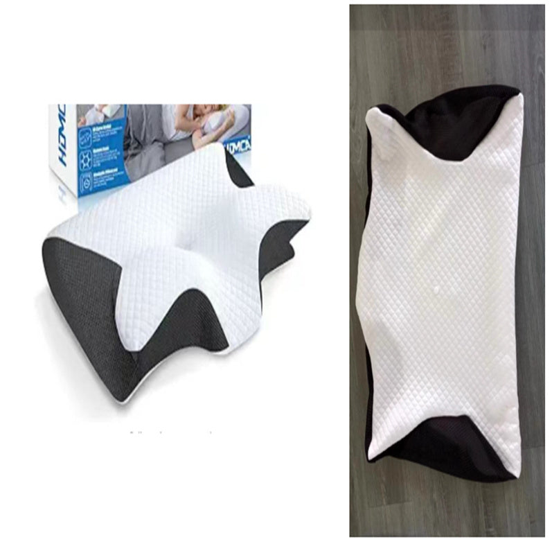 A gray Neck Memory Home Sleep Pillow by Aloha Relax, featuring black accents, is showcased in two images: one on a hardwood floor and the other next to its packaging. This bedding pillow is designed with ergonomic curves for optimal neck support.