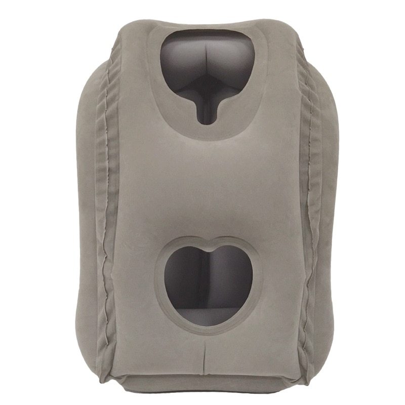 A grey Inflatable Cushion Travel Pillow by Aloha Relax, featuring multiple openings for the face and hands, is designed to provide optimal stress relief and improve sleep by supporting the neck, chin, and head.