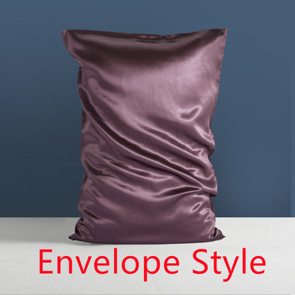 A luxurious silk pillowcase in dark purple, embodying palace opulence, is elegantly displayed against a blue backdrop. The red text at the bottom of the image reads "Envelope Style." This product is the Double-sided Silk Silk Heavy Sleep Pillowcase Silk by Aloha Relax.