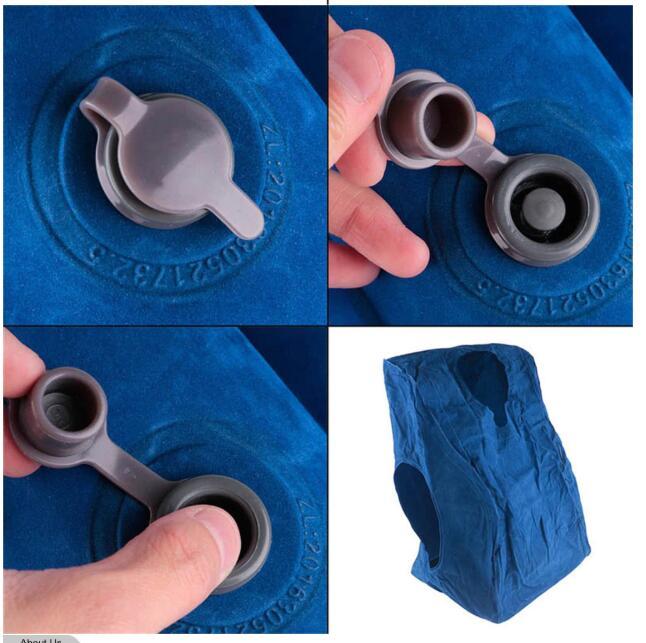 Four images showcase different parts of an inflatable product. The first three pictures reveal a close-up of a gray inflation valve on a blue material, with a hand adjusting it—closing, opening, and filling. The fourth image displays a deflated blue Inflatable Cushion Travel Pillow from Aloha Relax, perfect for neck, chin, and head support during travel for ultimate stress relief.