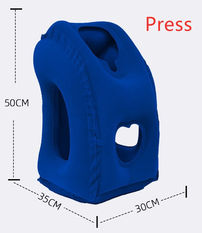 A blue Inflatable Cushion Travel Pillow from Aloha Relax is depicted with hand slots and a face support area, designed for Sleep Improvement and Stress Relief. Dimensions are specified as 50cm in height, 35cm in depth, and 30cm in width. The word "Press" is written in red in the upper right corner.