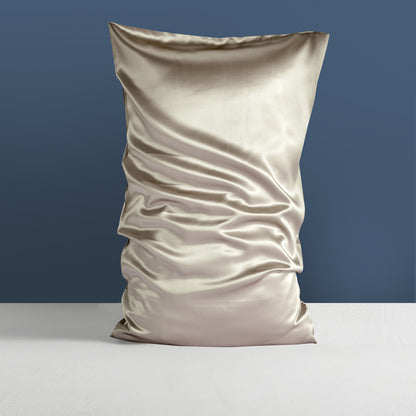 Against a blue background on a white surface, an overstuffed beige pillow from Aloha Relax stands upright. Made from luxurious mulberry silk, the Double-sided Silk Silk Heavy Sleep Pillowcase exudes an elegant palace luxury style with its silky texture and visible folds and creases.