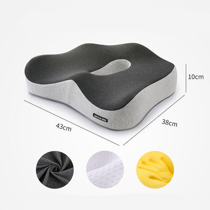 The Aloha Relax Healthy Lumbar Support Cushion is an ergonomic seat cushion with a central cutout, featuring measurements of 43cm in length, 38cm in width, and 10cm in height. It includes three close-up insets showcasing the different fabric textures available in gray, white, and yellow, all designed for ultimate stress relief.