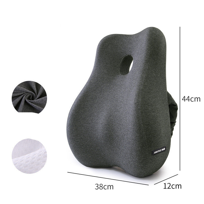 The Healthy Lumbar Support Cushion from Aloha Relax is an ergonomically designed grey seat cushion with lumbar support. It measures 44 cm in height, 38 cm in width, and 12 cm in depth. The cushion features a small central hole and includes close-up views of the fabric material for enhanced stress relief.