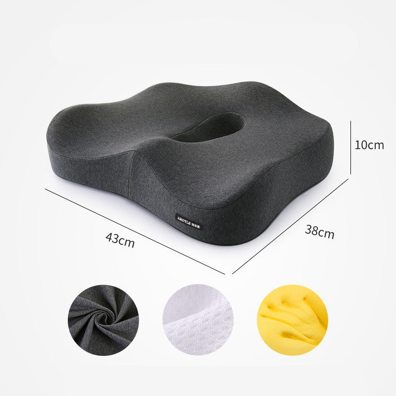 Image of the Healthy Lumbar Support Cushion by Aloha Relax, featuring dimensions of 43 cm by 38 cm and a height of 10 cm. This stress-relief cushion includes a central cutout and an ergonomic design. Beneath the cushion, there are fabric texture samples available in gray, white, and yellow.