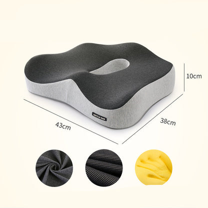 The Healthy Lumbar Support Cushion by Aloha Relax is a dual-colored ergonomic seat cushion with a central cutout and contoured surface, ideal for stress relief. The cushion measures 43 cm in length, 38 cm in width, and 10 cm in height, with the image highlighting close-up textures of the fabric.