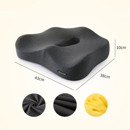 Introducing the Healthy Lumbar Support Cushion by Aloha Relax, an ergonomic dark gray seat cushion designed for stress relief. With measurements of 10 cm in height, 43 cm in width, and 38 cm in depth, this cushion features fabric close-ups available in three calming colors: dark gray, black, and yellow.