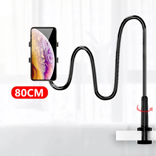 The "Hands-Free Comfort" by Aloha Relax is a universal mobile and tablet holder featuring an 80cm flexible, snake-like gooseneck. It easily attaches to a table edge or dorm bedside, securely holding your smartphone with a colorful abstract screen.