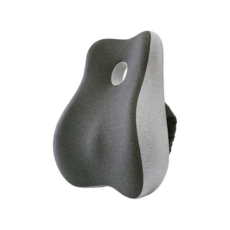 The image shows the Healthy Lumbar Support Cushion by Aloha Relax, a gray ergonomic back support cushion with a contoured shape designed to provide lumbar support. It features a hole near the center for additional comfort and ventilation. Promoting stress relief, the cushion has dual-color fabric with gray and light gray sections.