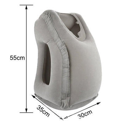 The image showcases the Inflatable Cushion Travel Pillow! For Neck, Chin, and Head Support from Aloha Relax. This gray pillow measures 55 cm in height, 35 cm in width, and 30 cm in depth. It features a unique design with cutouts for arms and a face rest at the top to promote sleep improvement and stress relief during travel.