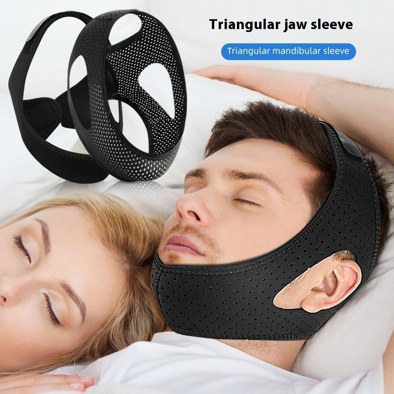 A man lies in bed wearing an ANTI Snoring Chin Strap Adjustable from Aloha Relax around his head, promoting sleep improvement. A woman is sleeping next to him. An additional chin strap is displayed in the background. Text on the image reads: "ANTI Snoring Chin Strap Adjustable" and "Aloha Relax.