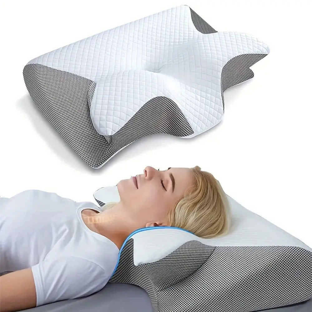 A person lies on the Aloha Relax Neck Memory Home Sleep Pillow, designed for ergonomic neck support, with an inset image showing a close-up of the contoured shape and textured cover of the gray pillow.