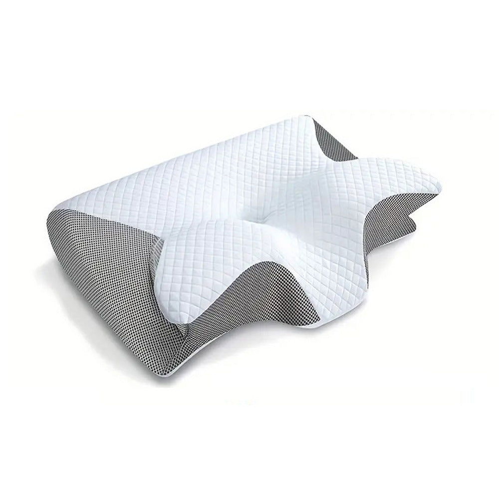 Experience unparalleled comfort with the Neck Memory Home Sleep Pillow from Aloha Relax, featuring a contoured memory foam core. Its quilted white surface and stylish black mesh sides are designed for optimal ergonomic support for your neck and head.