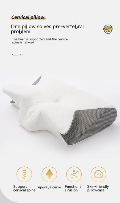 The image showcases the Aloha Relax Neck Memory Home Sleep Pillow in gray, featuring a white and gray design. It is described as providing support for the head and cervical spine while addressing common sleep issues. Key features include an improved curvature, functional division, and a skin-friendly pillowcase, making it an ideal addition to your bedding collection.