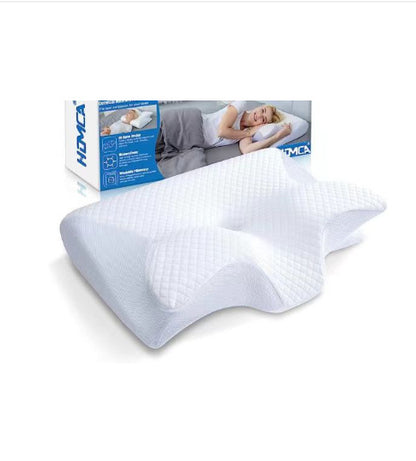 A Neck Memory Home Sleep Pillow from Aloha Relax, featuring ergonomic contours and a textured pattern for support and comfort, is displayed in front of its packaging. The box showcases an image of a person sleeping, along with product details in blue text.