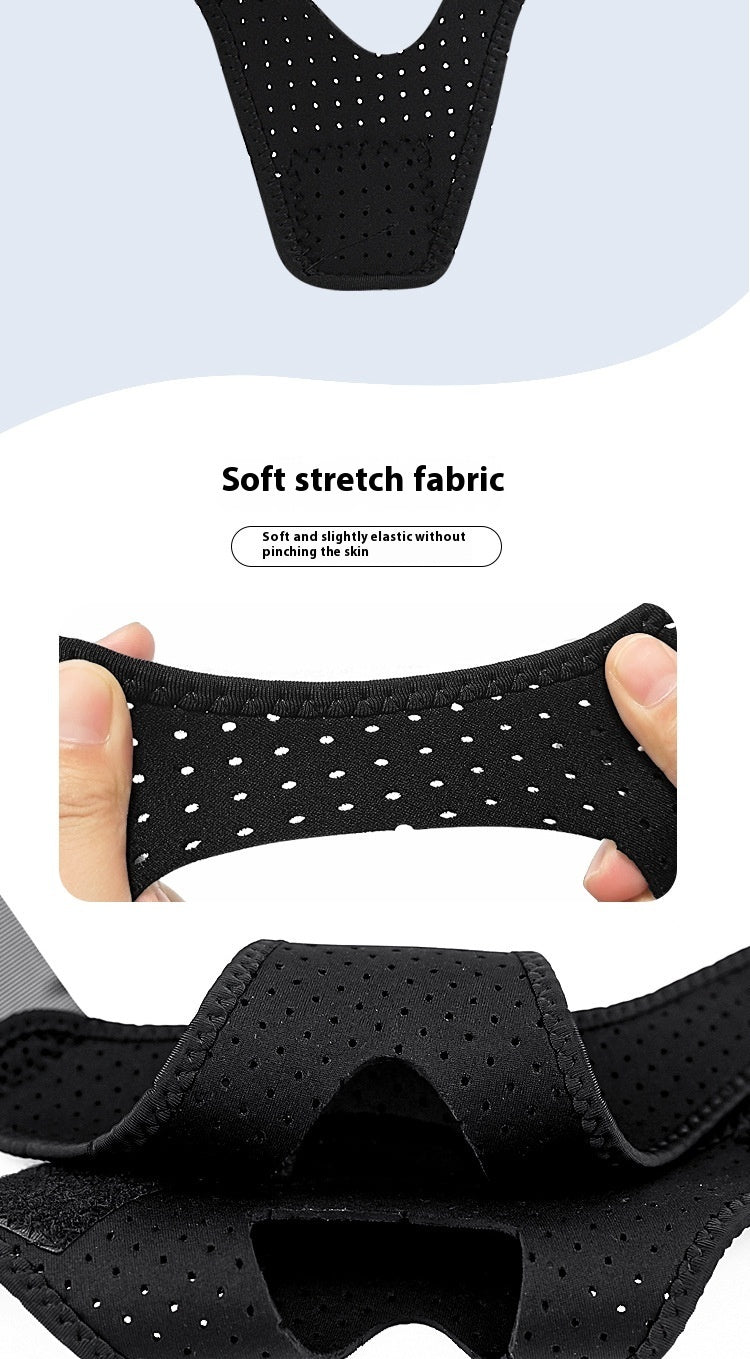 A close-up of the ANTI Snoring Chin Strap Adjustable, in a sleek black fabric, being stretched by two hands. The breathable material is perforated with small holes, highlighting Aloha Relax's signature comfort. Text above the image reads "Soft stretch fabric." Additional text below reads, "Soft and slightly elastic without pinching the skin.