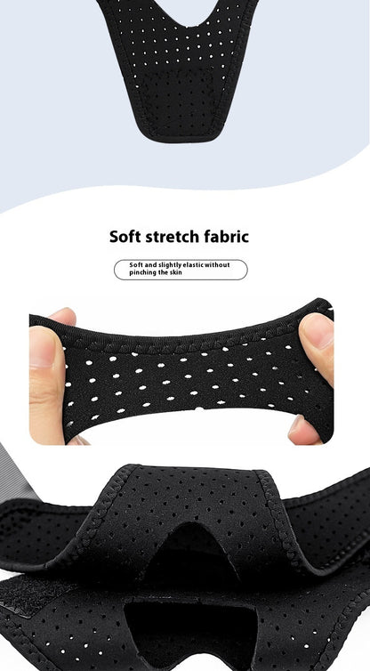 A close-up of the ANTI Snoring Chin Strap Adjustable, in a sleek black fabric, being stretched by two hands. The breathable material is perforated with small holes, highlighting Aloha Relax's signature comfort. Text above the image reads "Soft stretch fabric." Additional text below reads, "Soft and slightly elastic without pinching the skin.