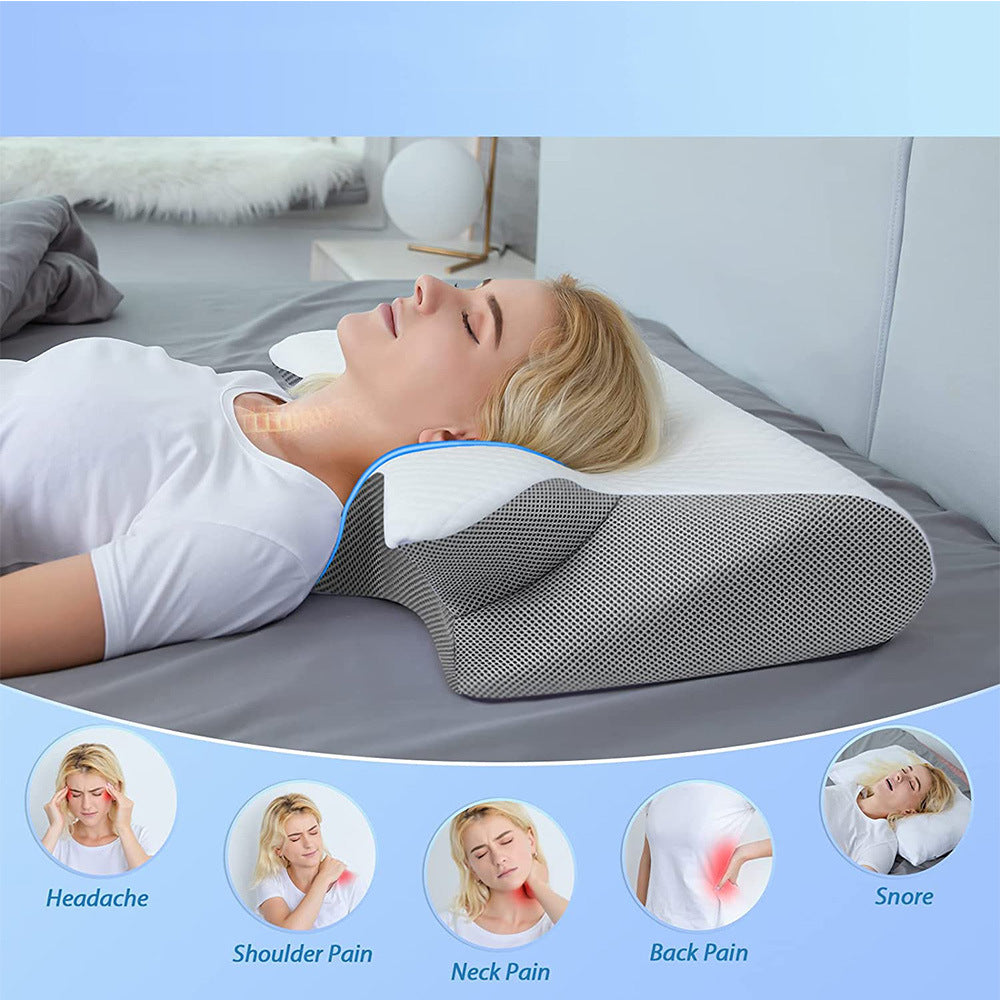 A woman is lying on a bed using the Aloha Relax Neck Memory Home Sleep Pillow, which is designed to provide neck support. This gray pillow features a contour shape and its benefits include relief for headache, shoulder pain, neck pain, back pain, and snoring as shown in the accompanying images.