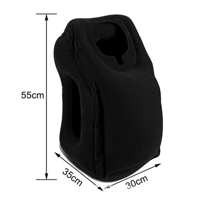 Introducing the Aloha Relax Inflatable Cushion Travel Pillow! This black travel pillow, with dimensions of 55cm in height, 35cm in depth, and 30cm in width, features multiple openings to accommodate various head and arm positions. It's ergonomically designed for optimal neck, chin, and head support to enhance your sleep while on the go.