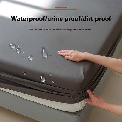 A person places a hand on a solid color dark gray mattress cover with water droplets on the surface. Text on the image reads "Waterproof/urine proof/dirt proof. Suitable for beds with mattress height less than 30cm." Introducing the Aloha Relax Waterproof Mattress Protector Urine Separation Fully Surrounded.