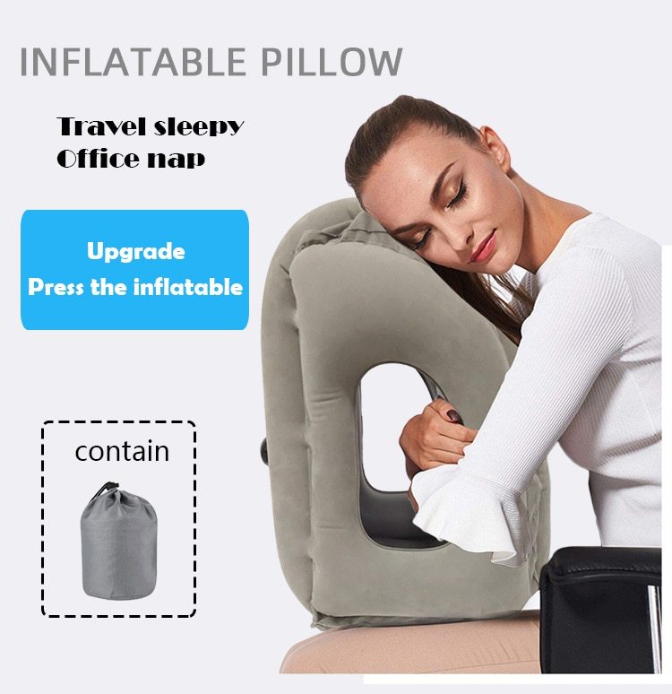 A woman leans on an Inflatable Cushion Travel Pillow! from Aloha Relax, which features a large hole in the center to rest her head comfortably. The text reads, "INFLATABLE PILLOW" and "Travel sleepy, Office nap." A blue button says, "Upgrade for Sleep Improvement." An inset shows the pillow in a gray carry bag for easy transport.