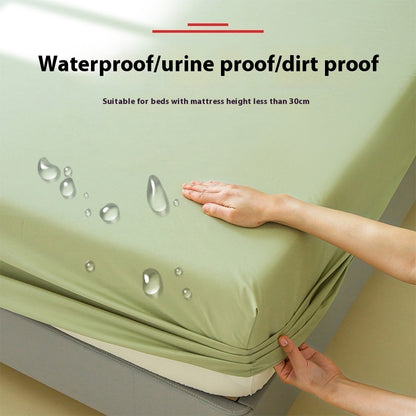 A person is adjusting an Aloha Relax Waterproof Mattress Protector Urine Separation Fully Surrounded on a bed, designed as a solid green single fitted sheet. The text emphasizes features like "Waterproof/urine proof/dirt proof," making it ideal for beds with mattresses less than 30cm high. Water droplets are depicted on the surface.