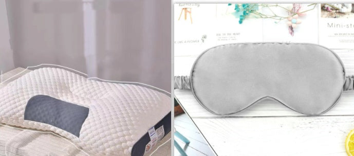 The image displays a side-by-side comparison of the Aloha Relax 3D Knitted Cotton Pillow Sleep Aid, featuring a white pillow with a grey middle section (left) and a matching grey sleep mask (right). Renowned for Stress Relief and Sleep Improvement, both items are positioned on white surfaces with some decorative elements in the background.