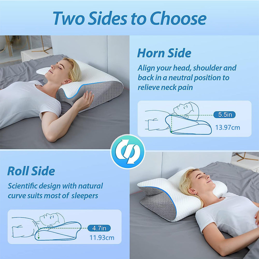 A woman relaxes on her bed using an Aloha Relax Neck Memory Home Sleep Pillow, featuring two distinct sides. The "Horn Side" is designed to align the head, shoulder, and back, while the "Roll Side" showcases a natural curve design. Measurements for each side are included. The text reads: "Two Sides to Choose.