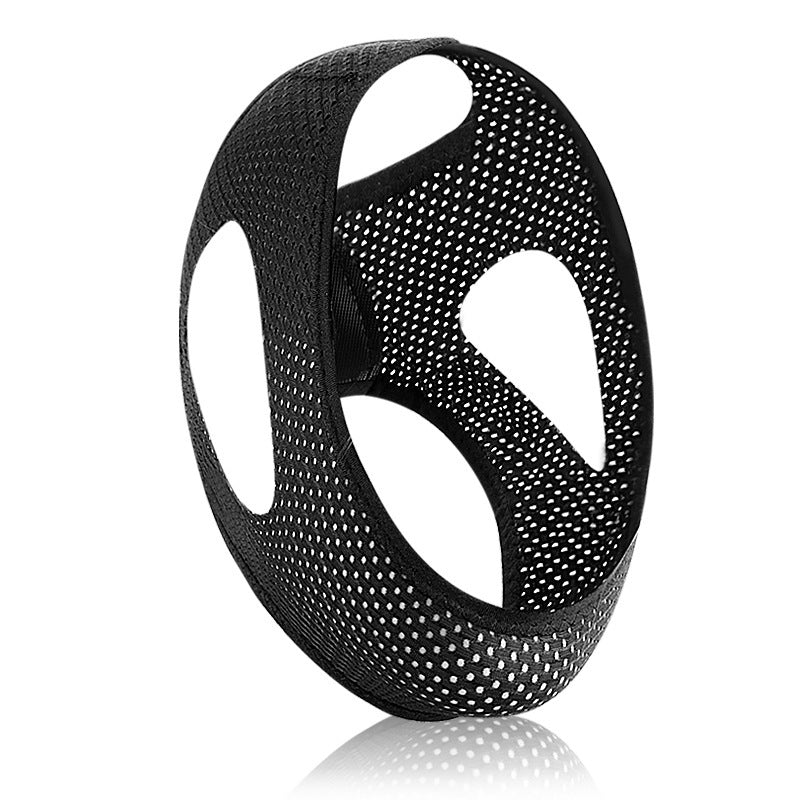 Black, perforated ANTI Snoring Chin Strap Adjustable with large openings on opposing sides and a mesh-like texture, shown against a plain white background. Ideal for stress relief, this Aloha Relax design contributes to overall sleep improvement.