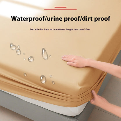 A person is placing an Aloha Relax Waterproof Mattress Protector Urine Separation Fully Surrounded on a bed. The text states "Waterproof/urine proof/dirt proof" and "Suitable for beds with mattress height less than 30cm." Water droplets are depicted on the solid color protector surface, highlighting its fitted sheet-like durability.