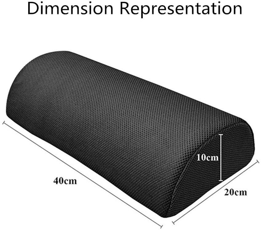 A black, semi-cylindrical cushion labeled "Foot Rest Relaxing Body Pad (Adjustable)" from the brand "Aloha Relax" is shown with dimensions. It measures 40cm in length, 20cm in width, and 10cm in height. The text "Dimension Representation" is displayed at the top of the image. Perfect for stress relief and sleep improvement.